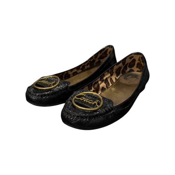 Coach Corena Flats Leather Ballet Shoes Womens 7.5 Patent Embossed Buckle - Picture 1 of 10
